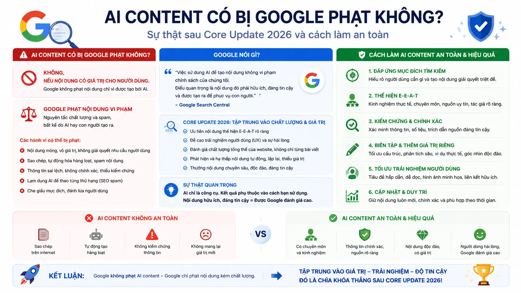 AI content có bị Google phạt không? Sự thật sau Core Update 2026 và cách làm an toàn