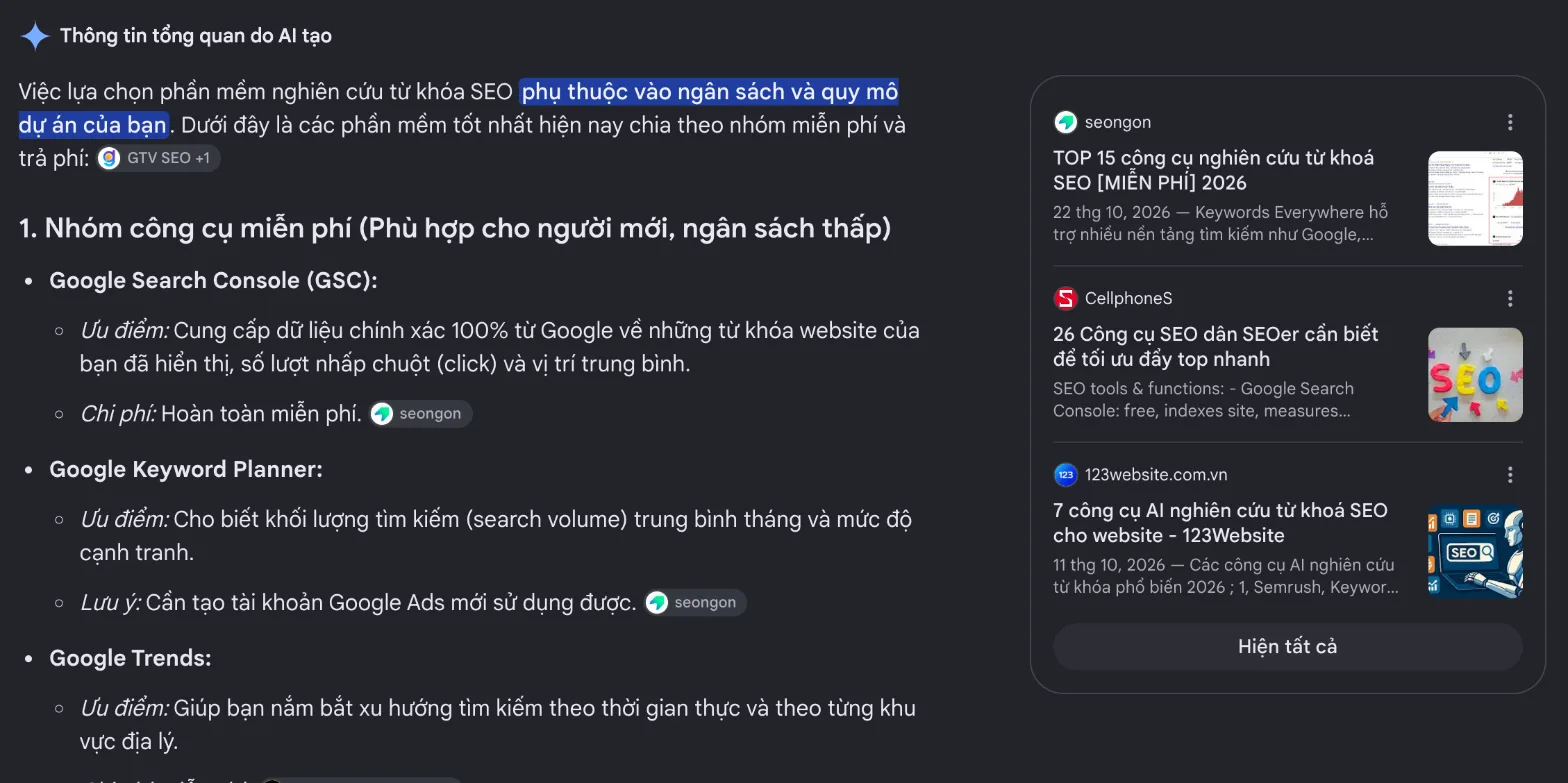 AI Overview thật của Google cho câu hỏi nên dùng phần mềm nào để nghiên cứu từ khóa SEO, chụp ngày 24/10/2026, câu trả lời nêu tên Google Search Console, Keyword Planner, Google Trends và trích nguồn từ seongon, CellphoneS, 123website