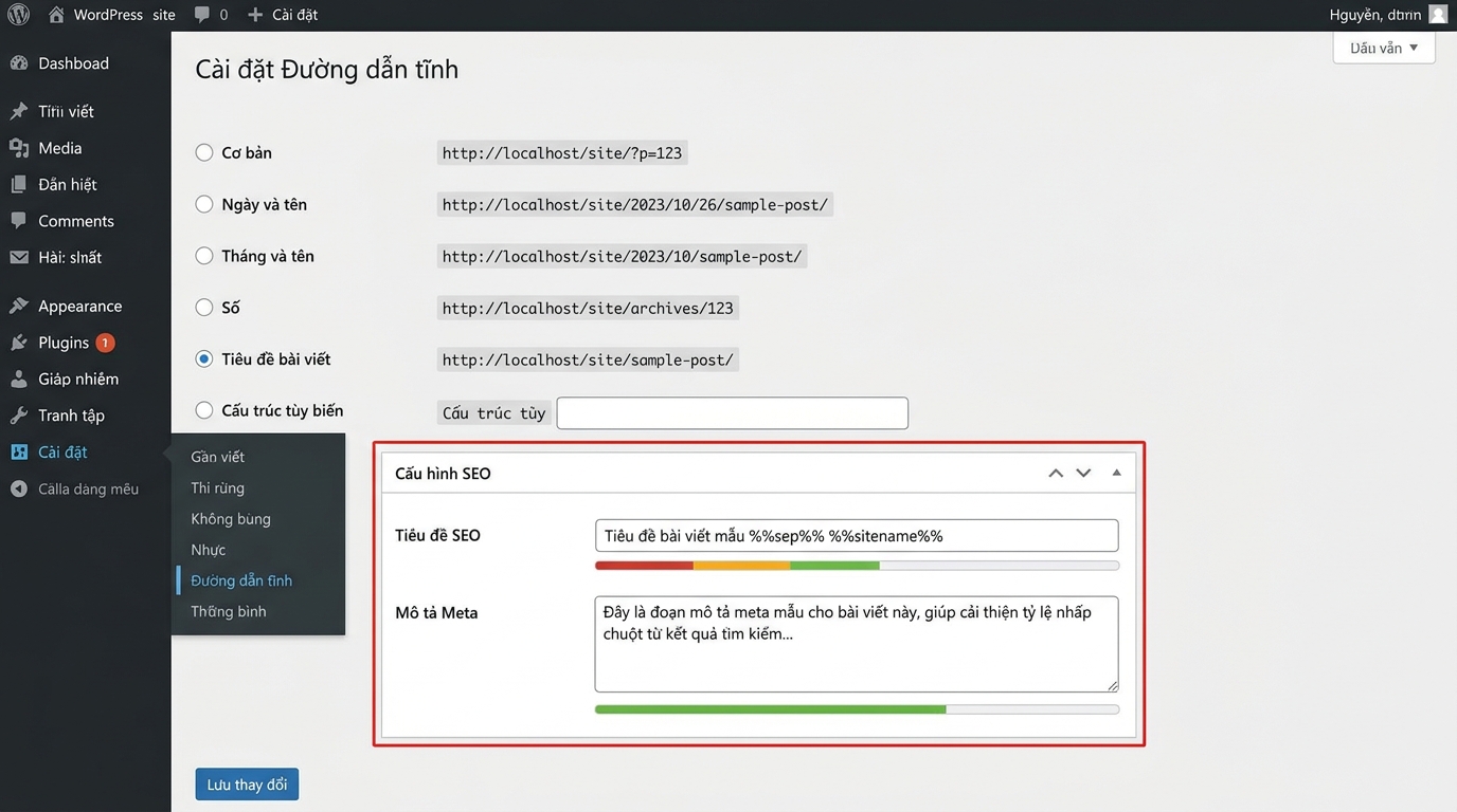 Ảnh chụp màn hình cài đặt permalink trên WordPress và chỉnh sửa SEO title/meta