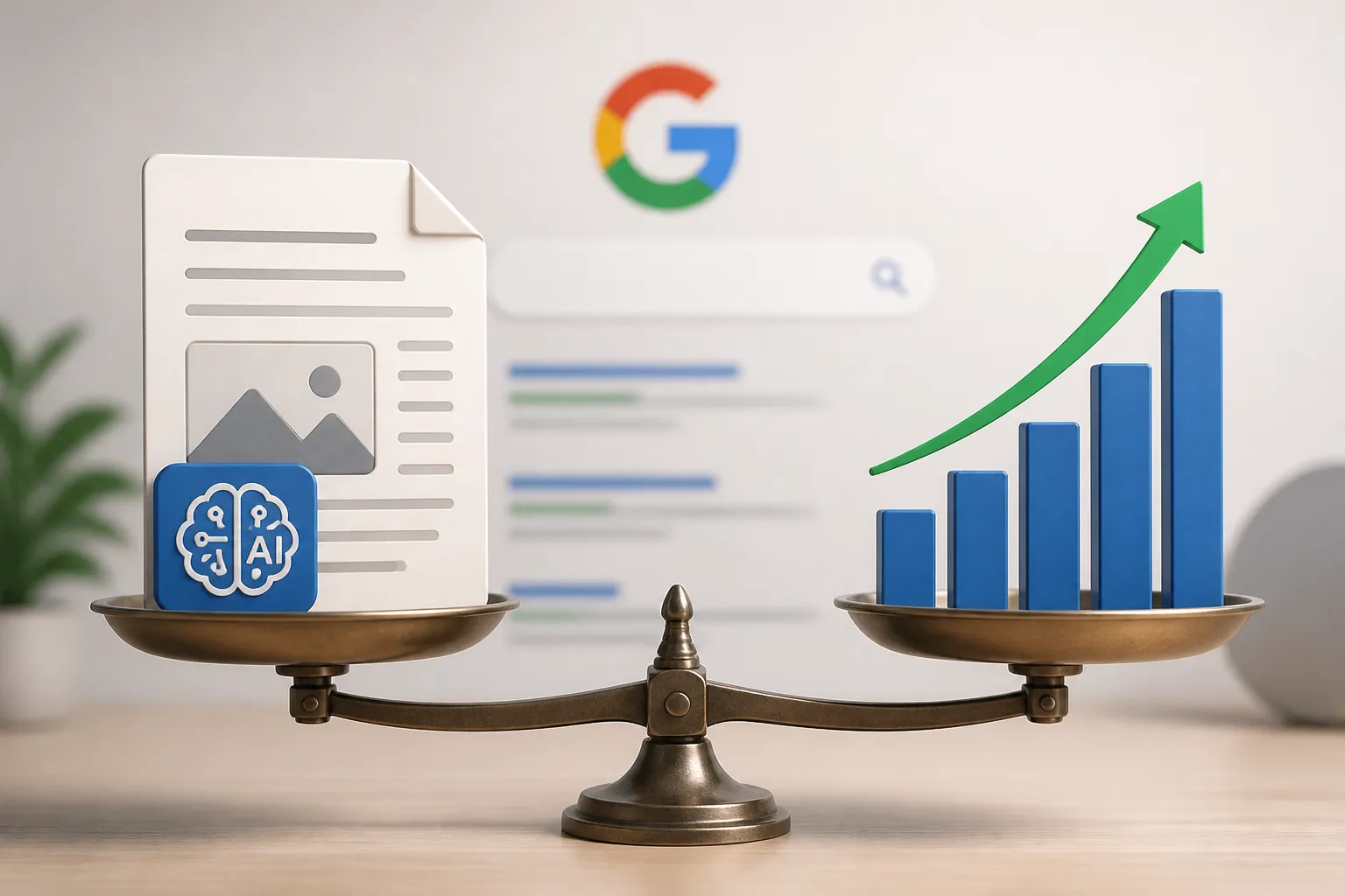 Ảnh minh họa cân đối giữa bài viết do AI tạo và biểu đồ thứ hạng Google, thể hiện câu hỏi AI content có rank được không