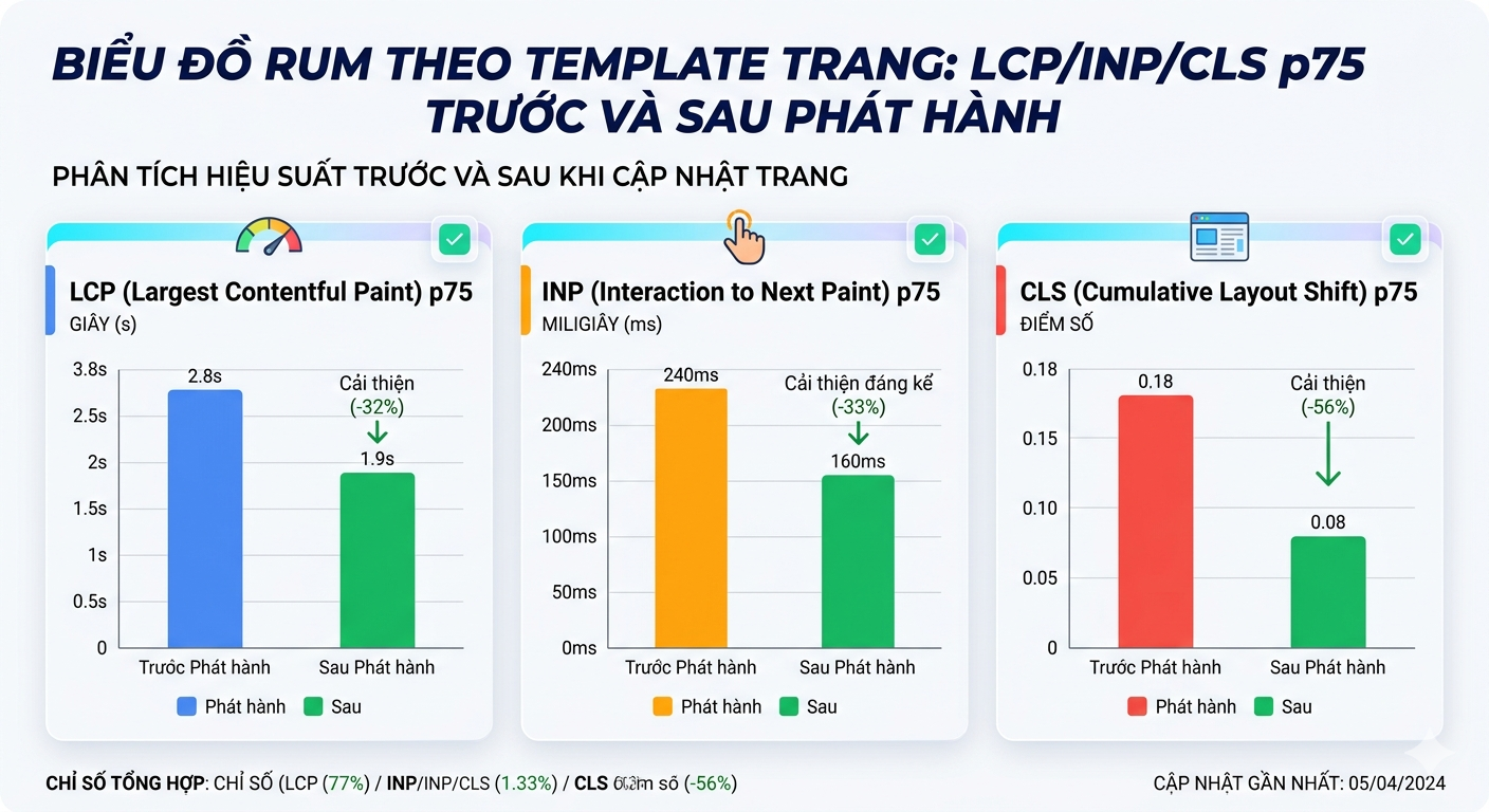 Biểu đồ RUM theo template trang: LCP/INP/CLS p75 trước và sau phát hành