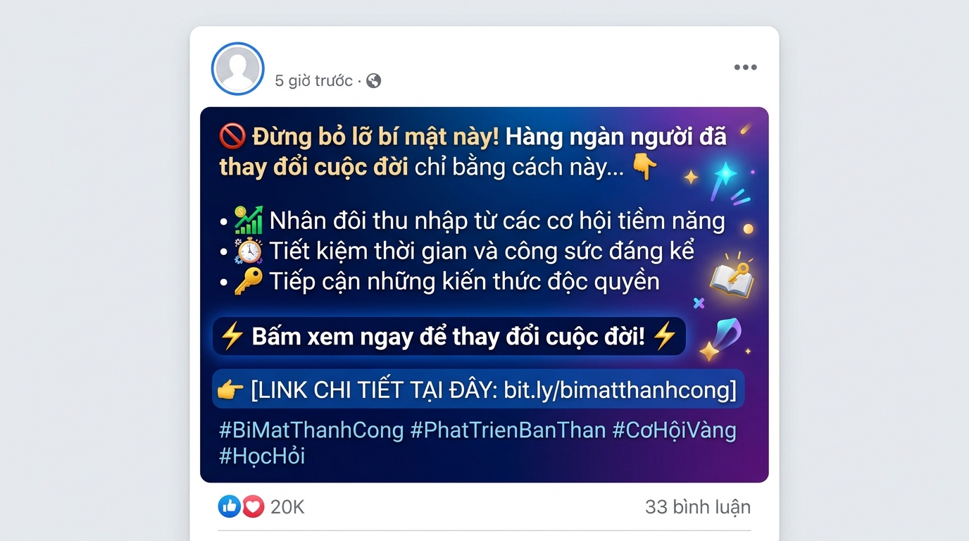 Bố cục bài Facebook kéo click: Hook 125 ký tự + 3 gạch đầu dòng lợi ích + CTA + link + hashtag