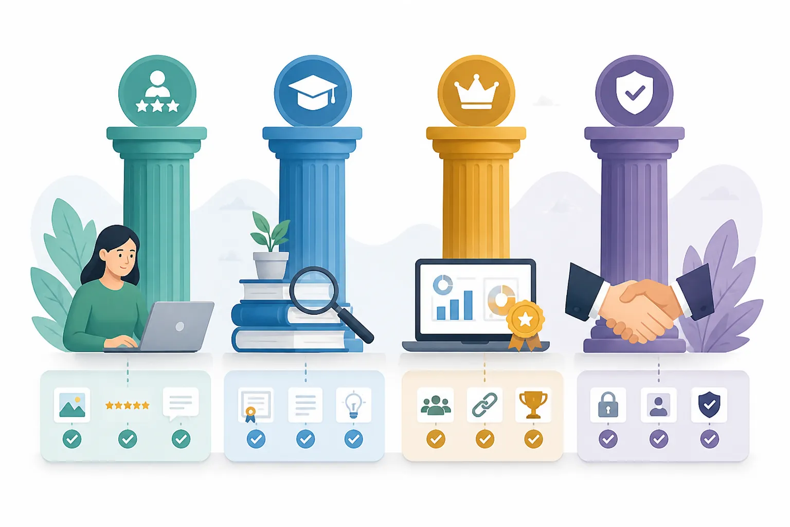 Bốn trụ cột EEAT Experience Expertise Authoritativeness Trustworthiness minh họa dạng biểu tượng