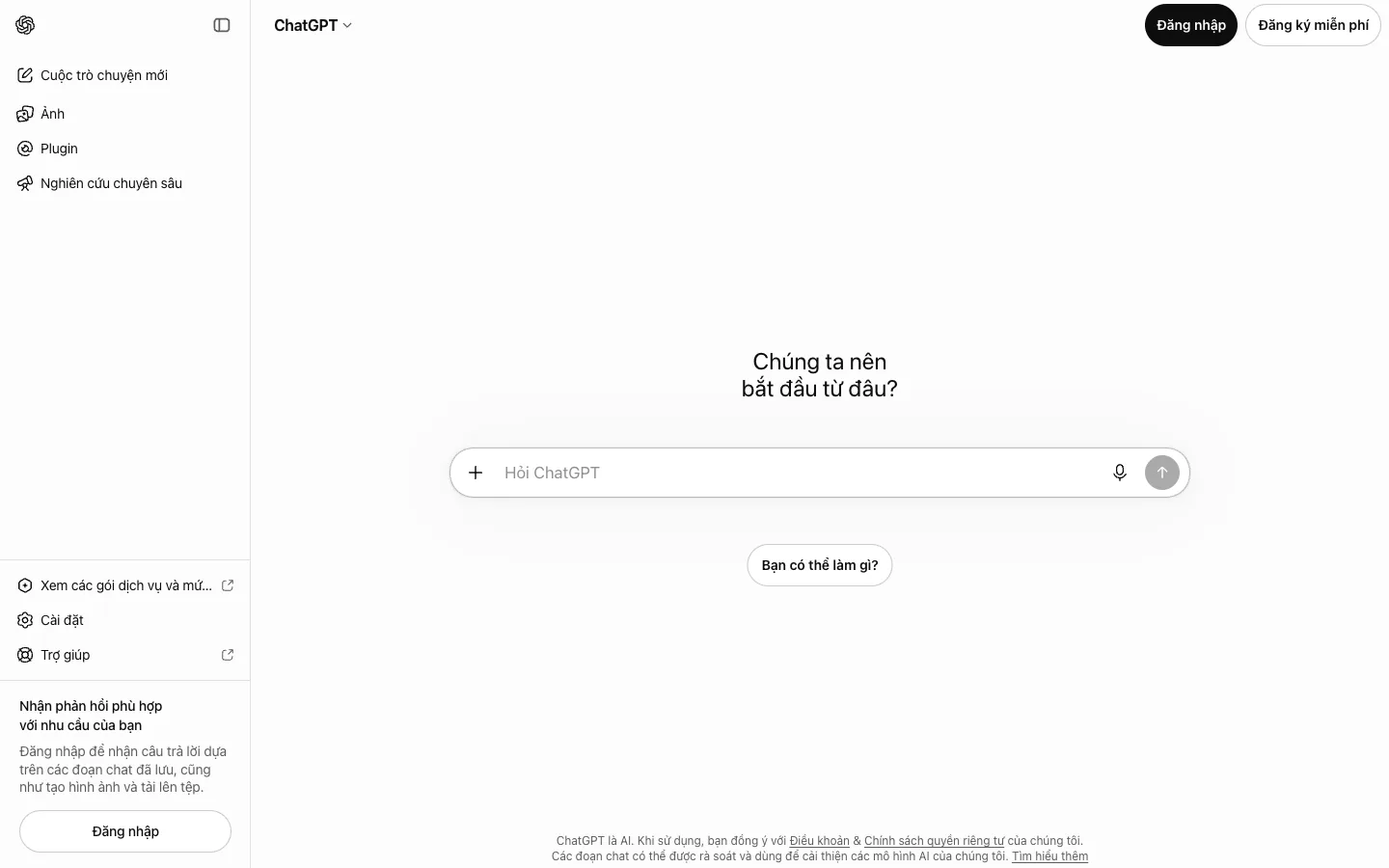 Giao diện trang chủ ChatGPT với ô nhập câu hỏi