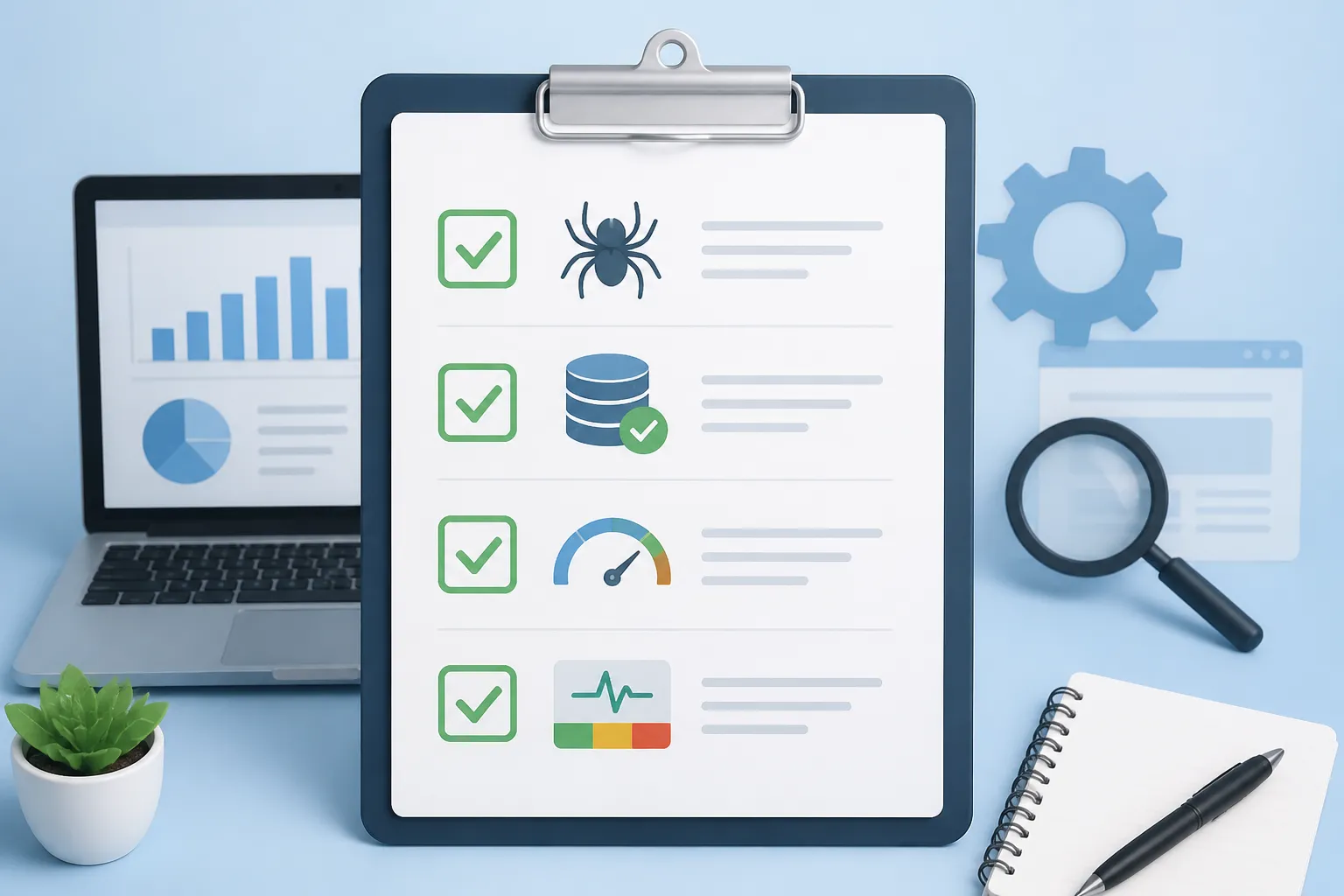 Checklist technical SEO với các hạng mục crawl, index, tốc độ trang và Core Web Vitals