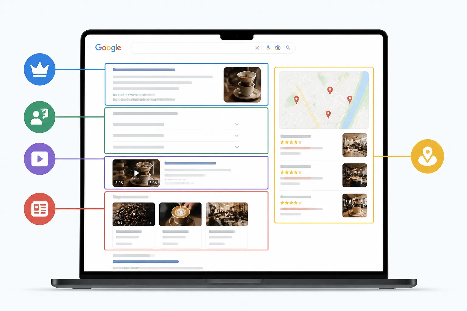 Chú thích một SERP, đánh dấu Featured Snippet, PAA, Video, Top Stories và Local Pack