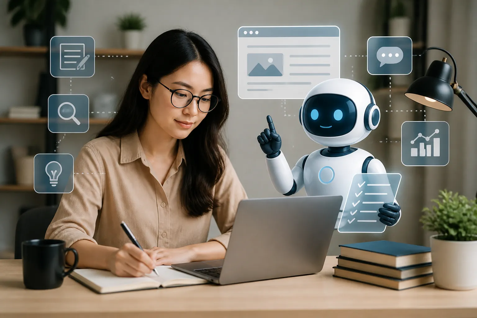 Content writer làm việc cùng AI, minh họa vai trò con người và công cụ hỗ trợ trong quy trình viết