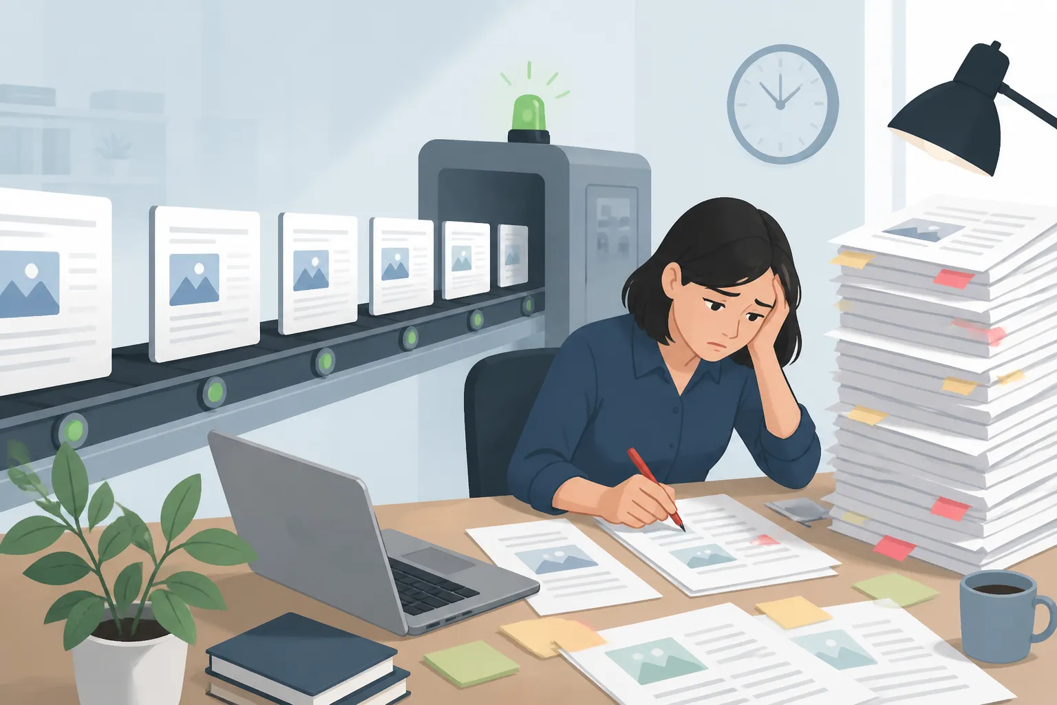 Dây chuyền nội dung bị nghẽn ở khâu biên tập, bản nháp AI dồn thành chồng cao chờ một biên tập viên duyệt từng bài