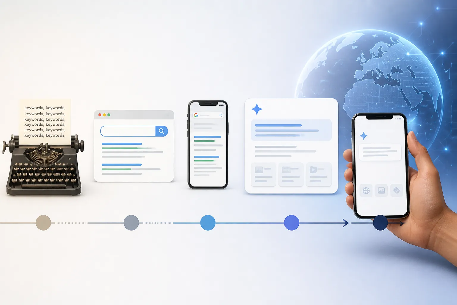 Dòng thời gian SEO từ nhồi từ khóa đến AI Overview và tìm kiếm zero-click năm 2026