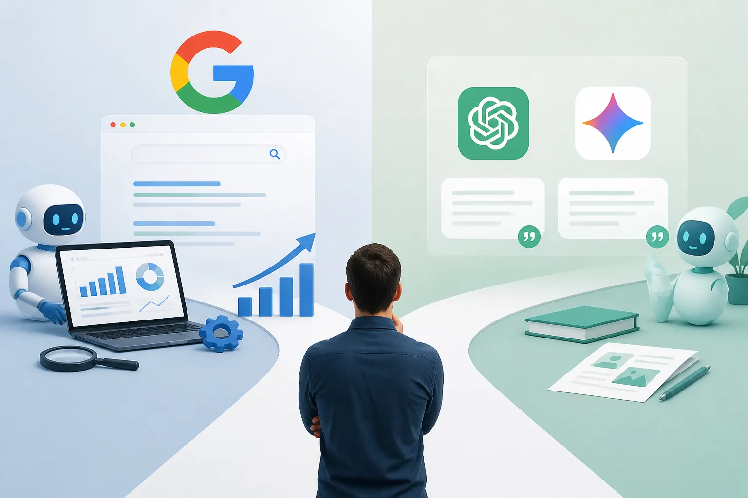 Hai nhánh của SEO AI, một bên dùng AI để làm SEO cho Google, một bên tối ưu để thương hiệu được ChatGPT và Gemini trích dẫn