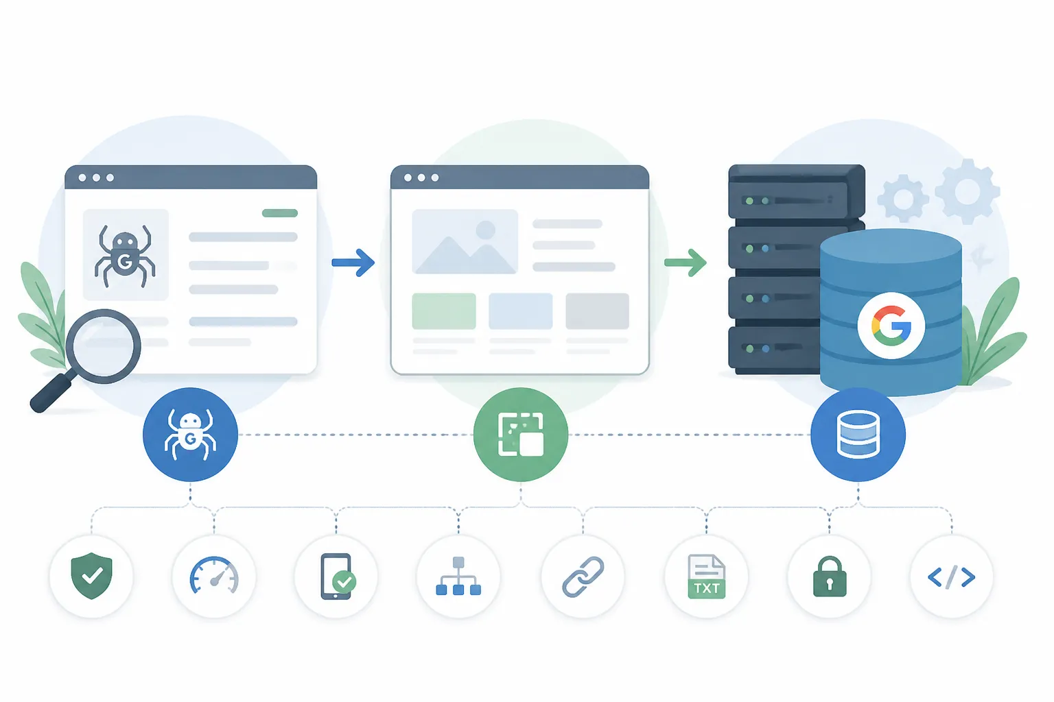 Sơ đồ các tầng kỹ thuật hạ tầng Technical SEO gồm Máy chủ, Thu thập dữ liệu, Kết xuất mã nguồn và Lập chỉ mục