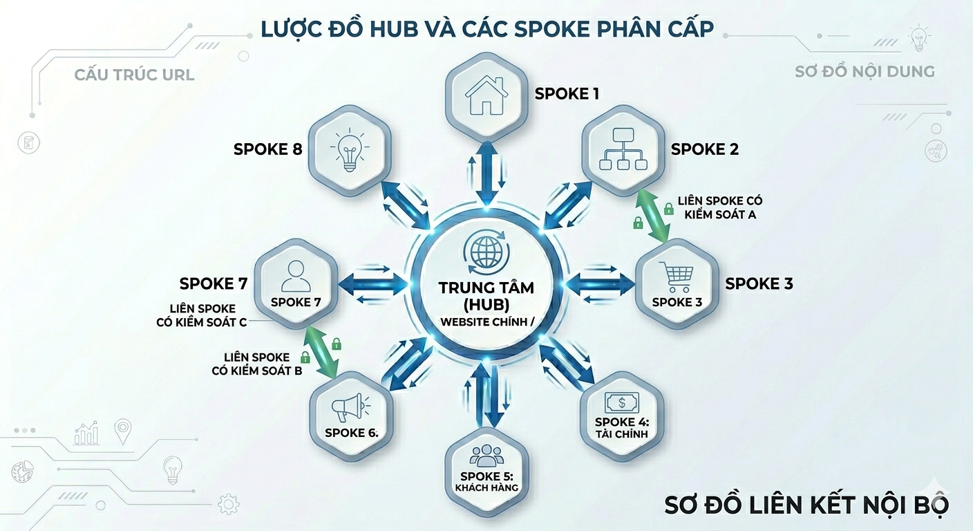 Lược đồ hub ở giữa, 8 spoke xung quanh, mũi tên hub ↔ spoke; 2 mũi tên liên spoke có kiểm soát