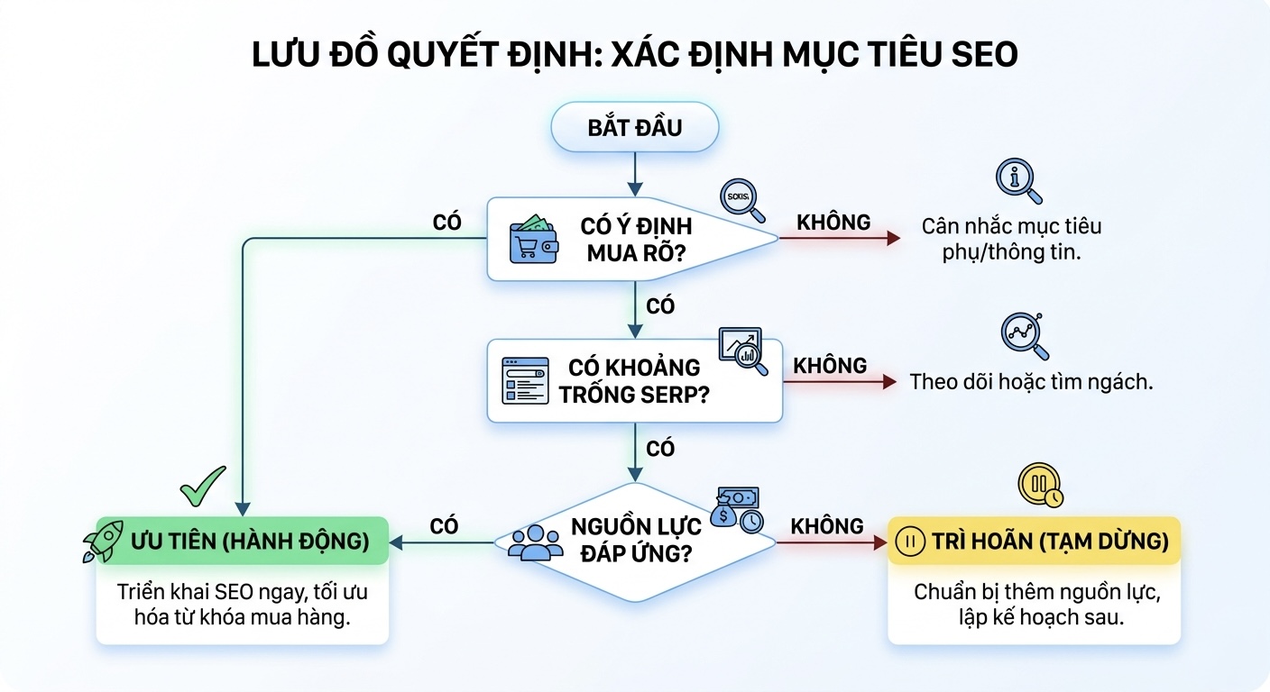 Lưu đồ quyết định: Có ý định mua rõ? → Có khoảng trống SERP? → Nguồn lực đáp ứng? → Ưu tiên hay trì hoãn