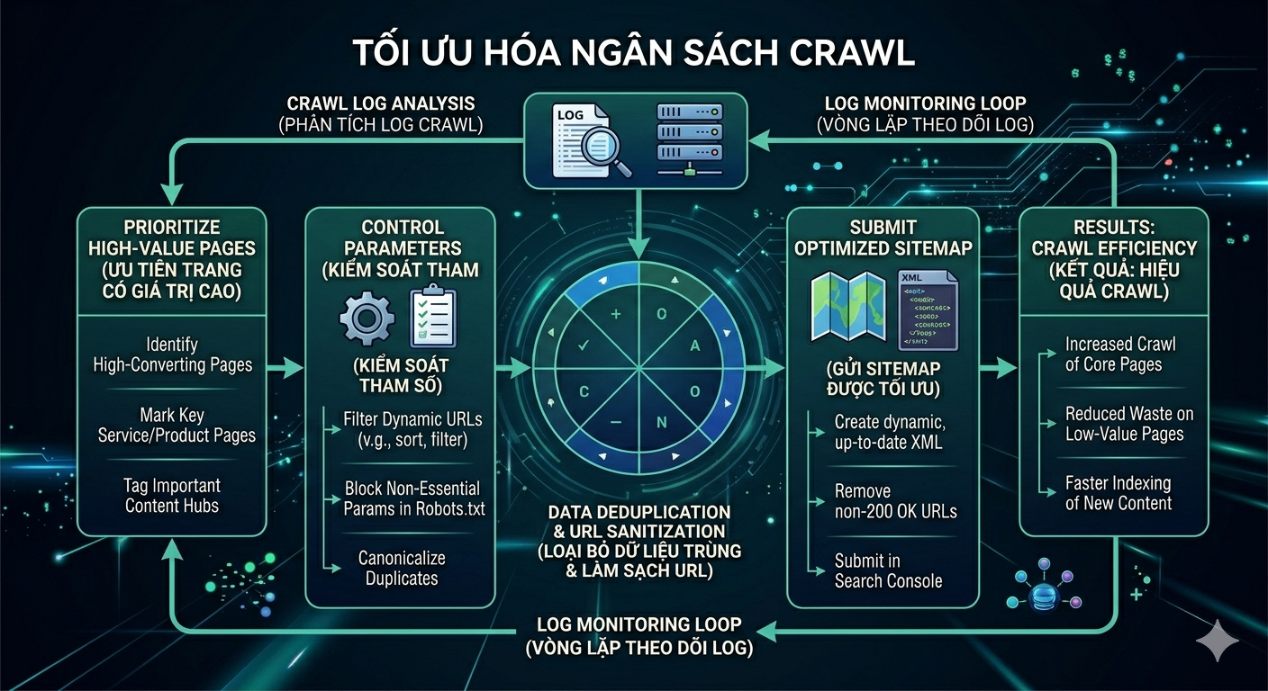 Lưu đồ tối ưu crawl budget: ưu tiên trang, kiểm soát tham số, sitemap, log analysis