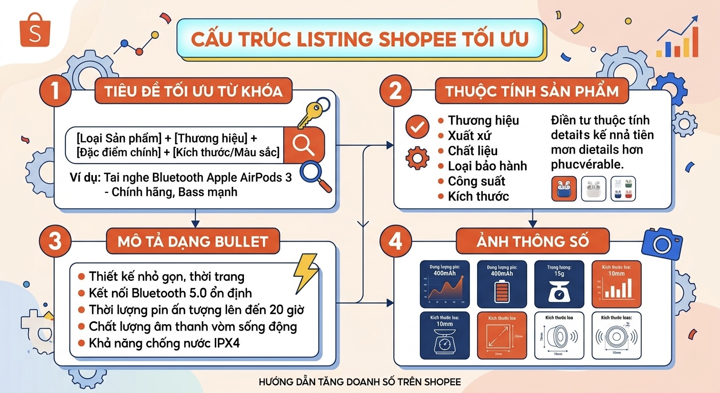 Minh họa cấu trúc listing Shopee với các khu vực: tiêu đề tối ưu từ khóa, thuộc tính, mô tả bullet, ảnh thông số