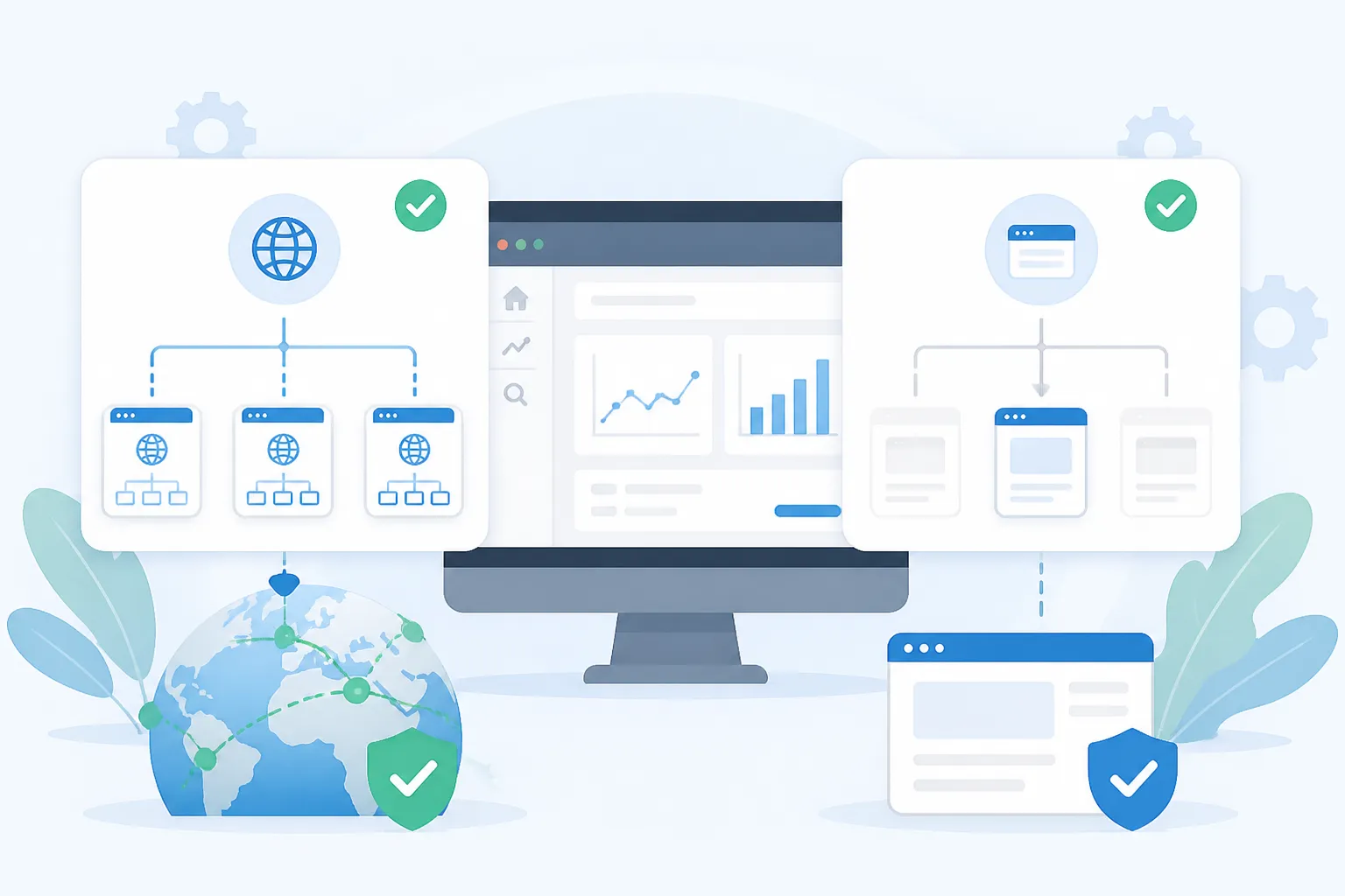 Minh họa hai cách thêm website vào Search Console, một bên là thuộc tính miền bao trùm mọi tên miền phụ, một bên là thuộc tính tiền tố URL chỉ bao một địa chỉ