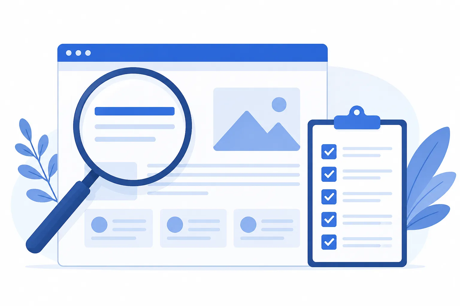 Kính lúp soi tiêu đề và hình ảnh trên trang web bên cạnh bảng kiểm onpage