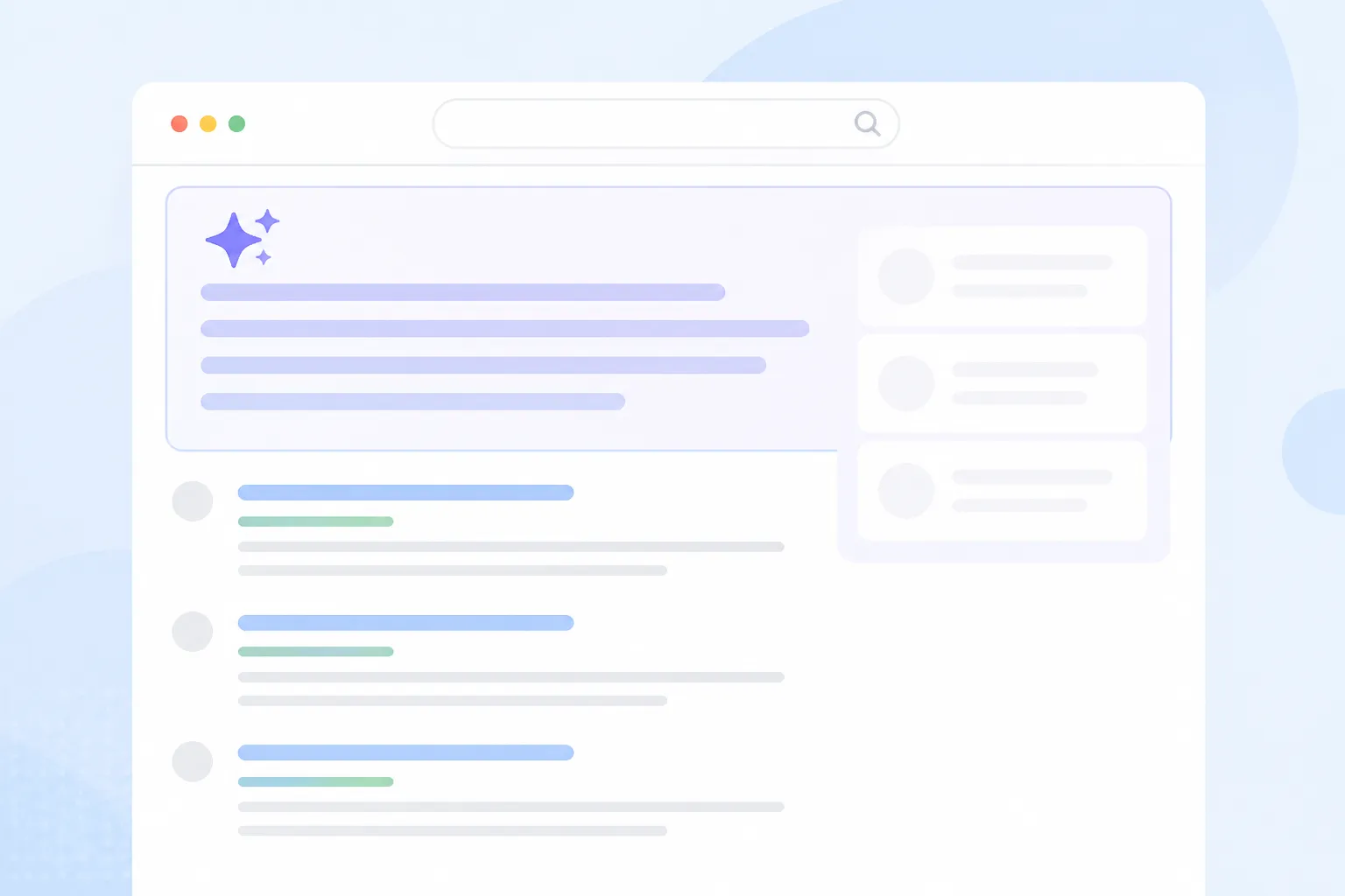 Minh họa trang kết quả tìm kiếm Google với khối AI Overview ở trên cùng và các thẻ nguồn trích dẫn bên cạnh