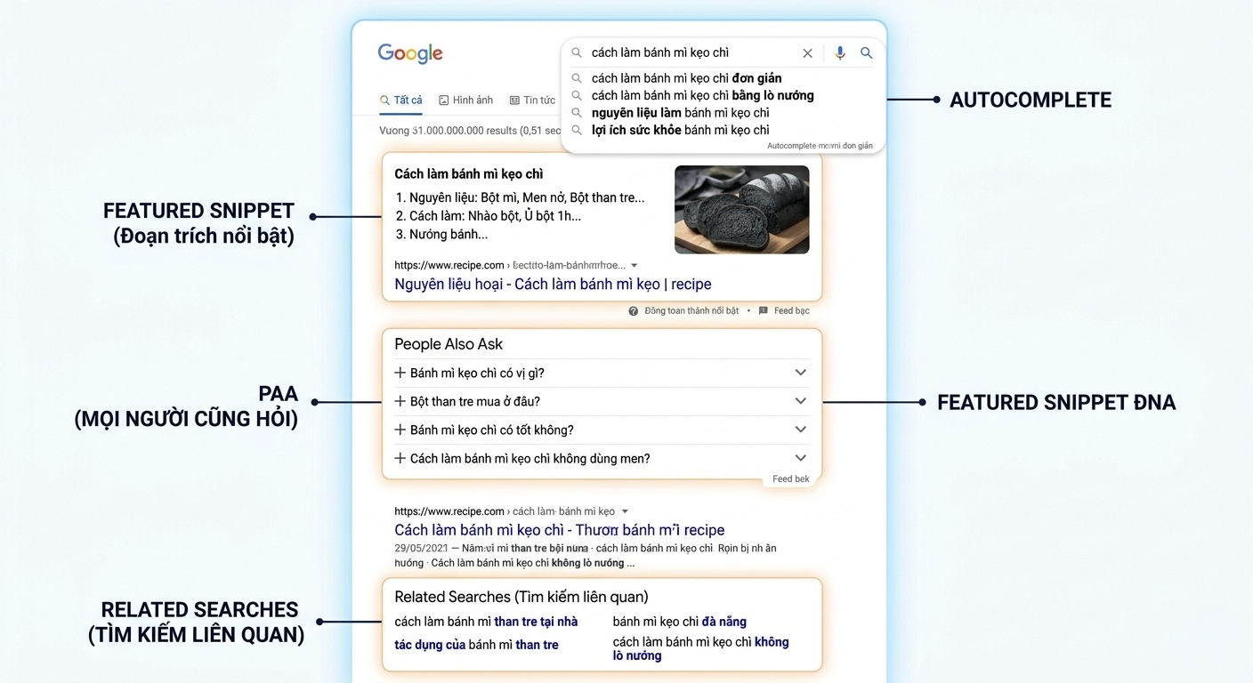Minh họa SERP với các khu vực: Autocomplete, PAA, Featured Snippet, Related Searches