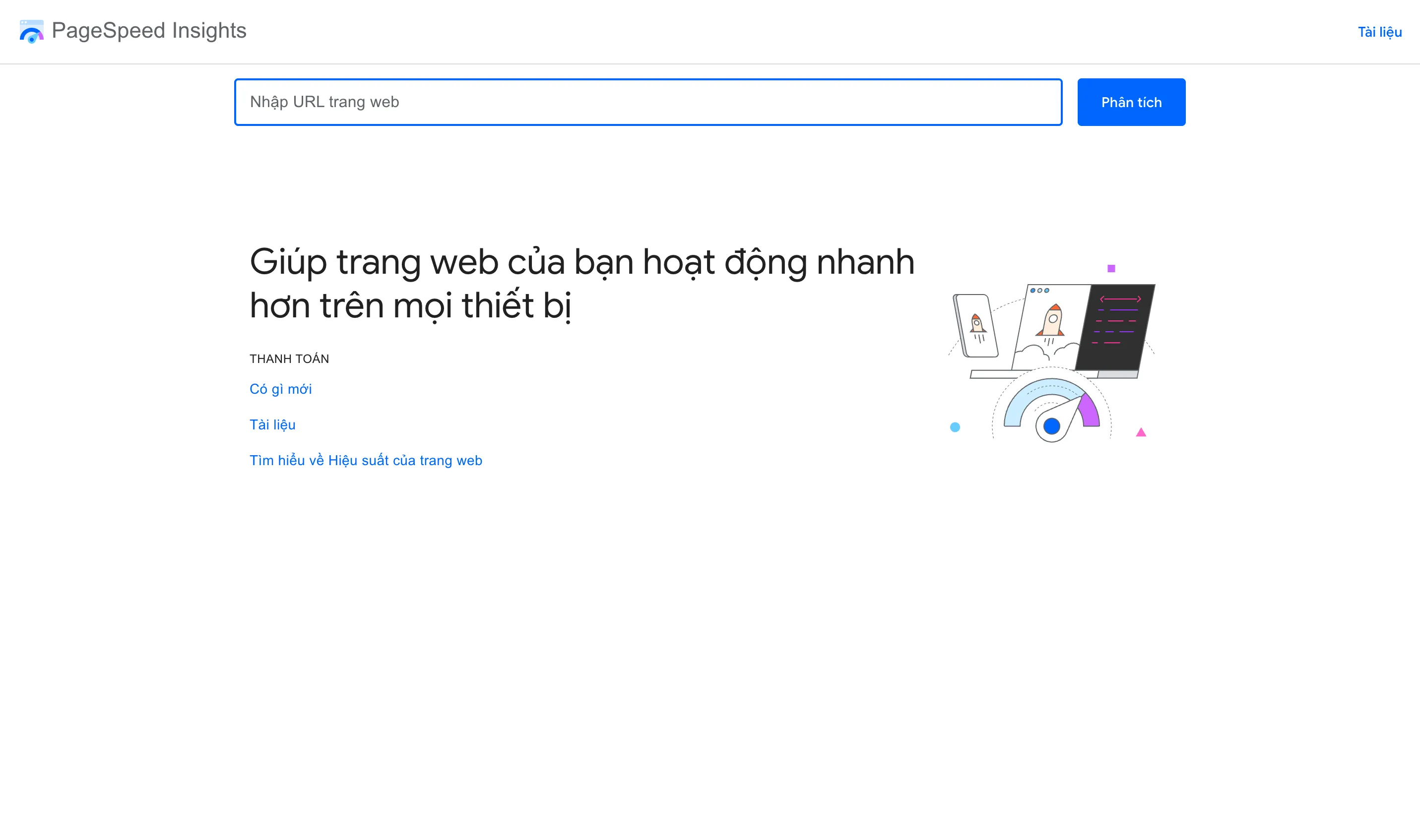 Trang PageSpeed Insights của Google với ô nhập URL để kiểm tra tốc độ trên di động và máy tính