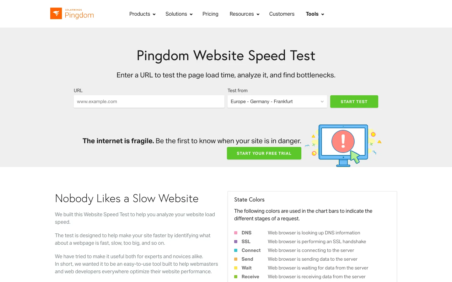 Trang Pingdom Website Speed Test với ô nhập URL và lựa chọn địa điểm test