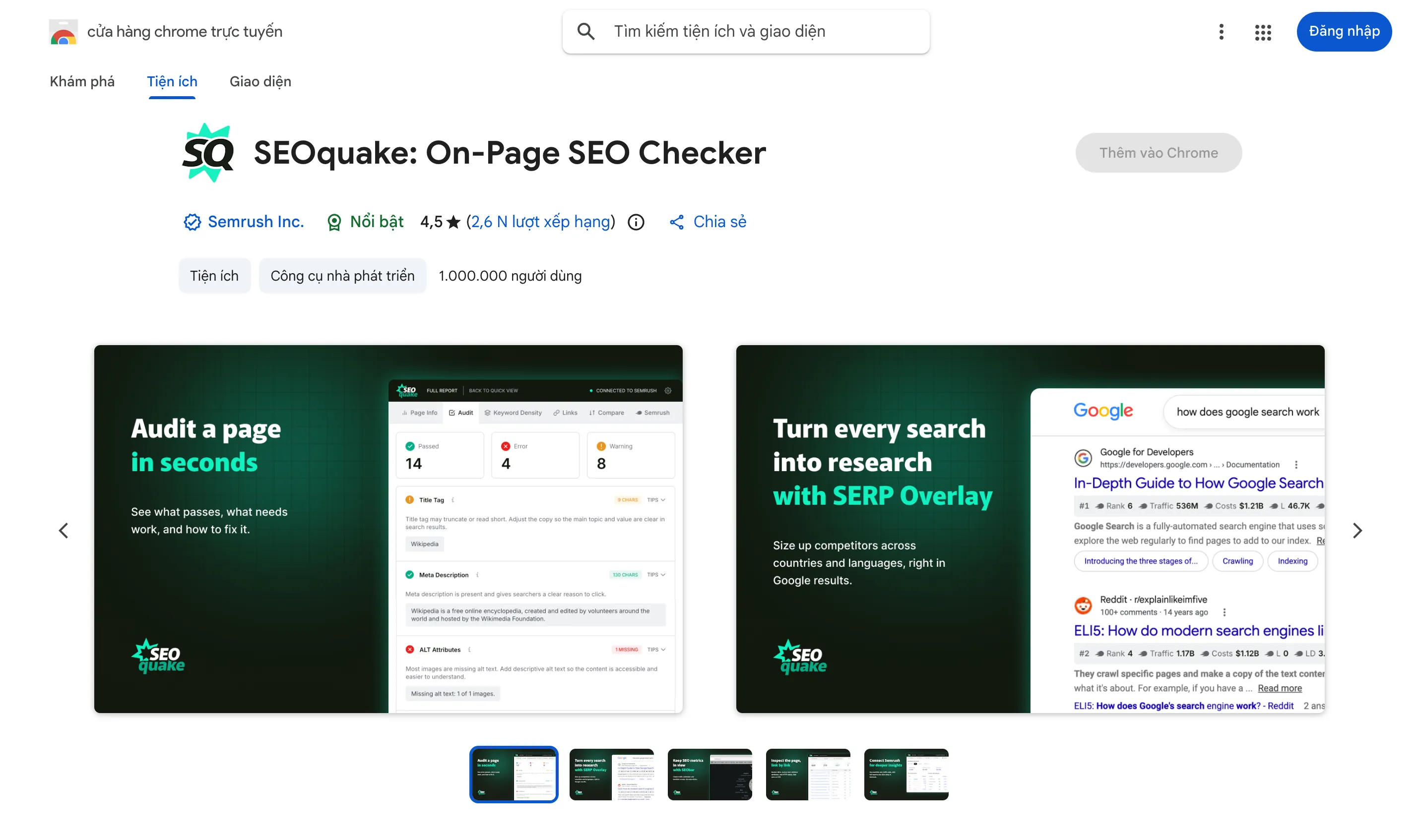 Trang tiện ích SEOquake của Semrush trên Chrome Web Store, kèm ảnh minh họa audit on-page và lớp phủ SERP