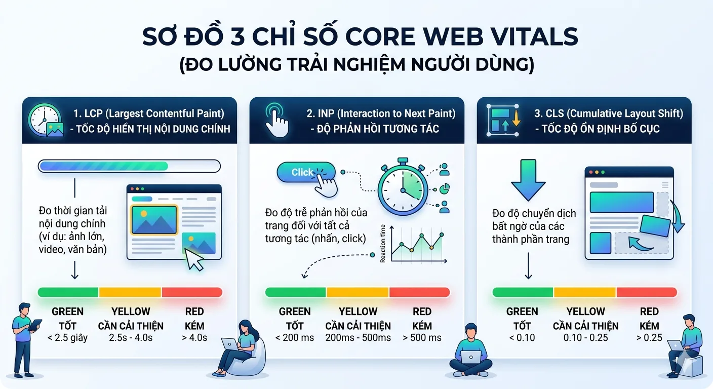 Sơ đồ 3 chỉ số cốt lõi của Google Core Web Vitals gồm LCP đo tốc độ tải, INP đo độ phản hồi và CLS đo độ ổn định bố cục