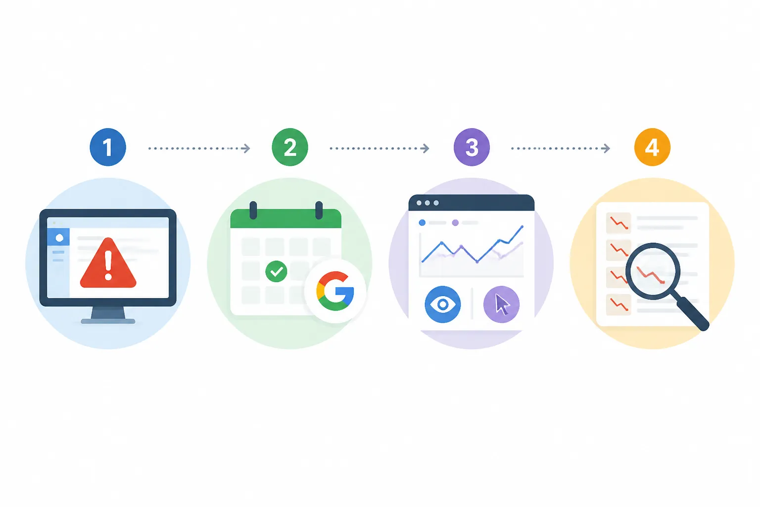 Sơ đồ bốn bước chẩn đoán website tụt hạng gồm kiểm tra phạt thủ công, đối chiếu lịch cập nhật Google, tách lượt hiển thị và lượt nhấp, tìm điểm chung giữa các trang giảm