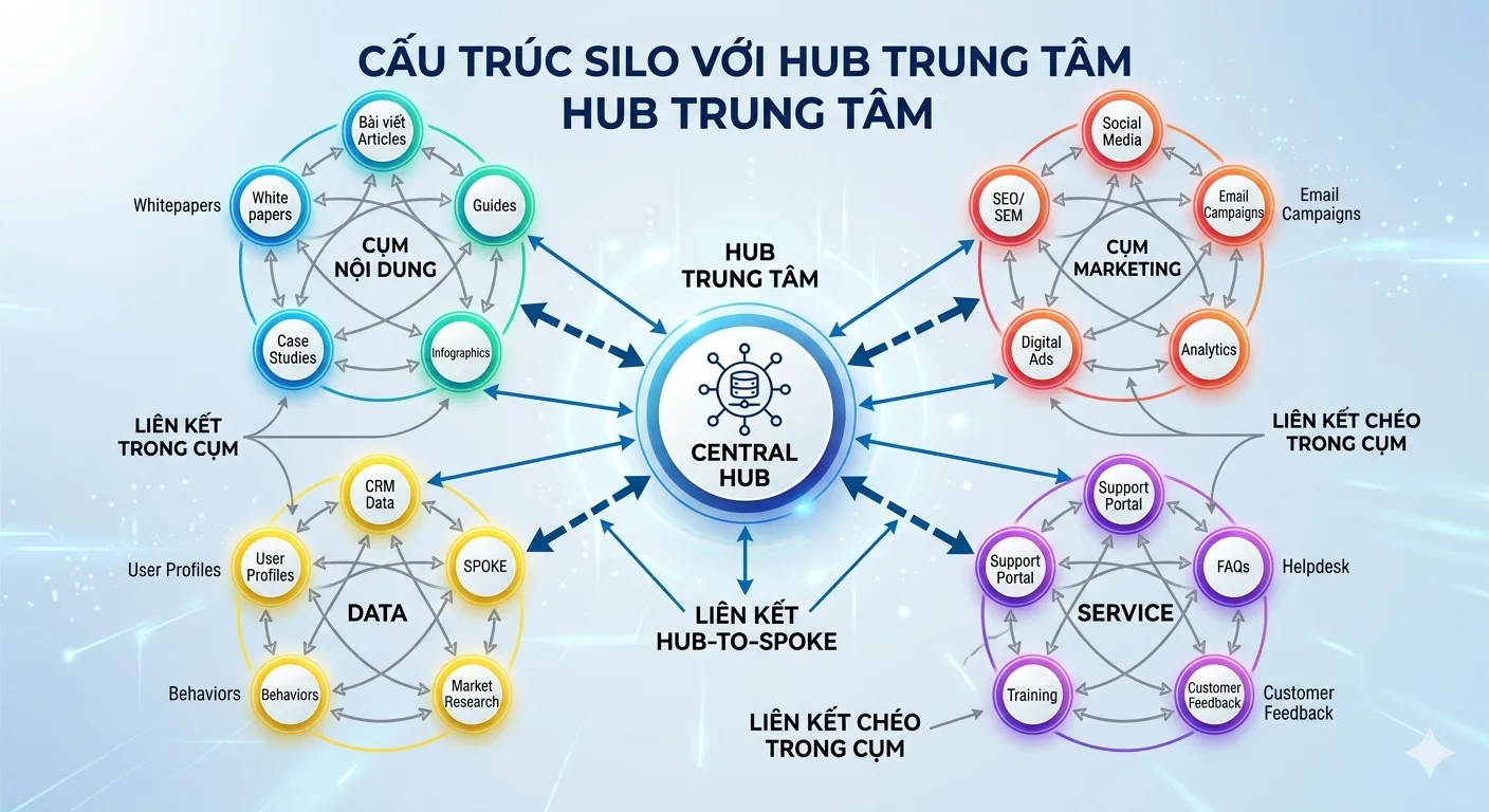 Sơ đồ phân cấp cấu trúc website phẳng chuẩn SEO từ trang chủ đến các danh mục và bài viết chi tiết