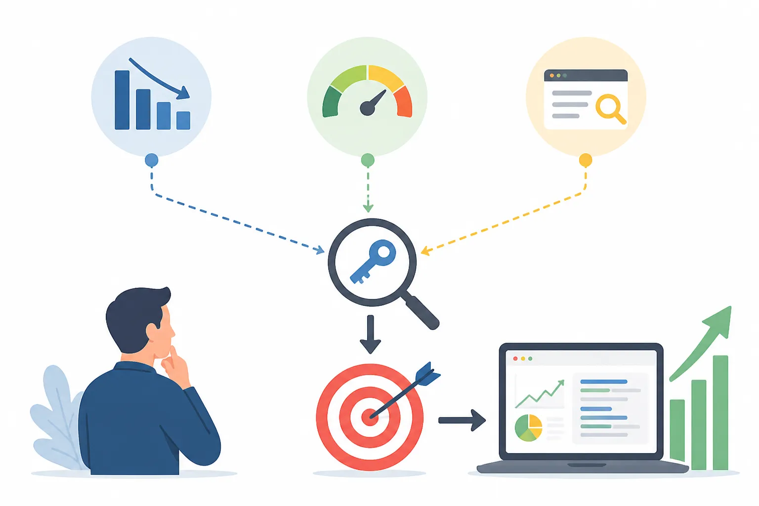 Sơ đồ chọn từ khóa dễ rank, cân đối giữa volume thấp, độ khó thấp và search intent rõ ràng