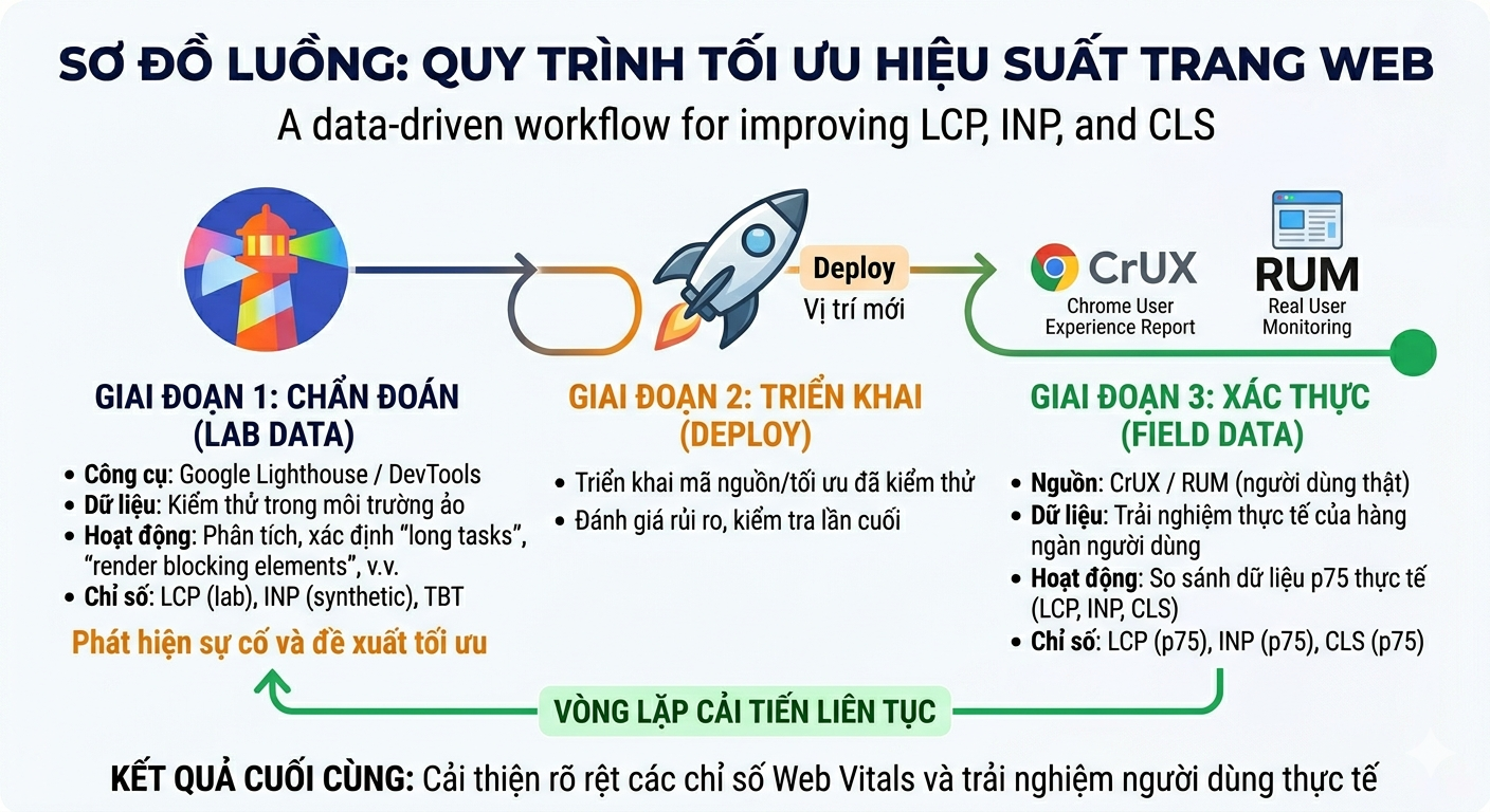 Sơ đồ luồng: Lab (Lighthouse) để chẩn đoán -> Deploy -> Field (CrUX/RUM) để xác thực
