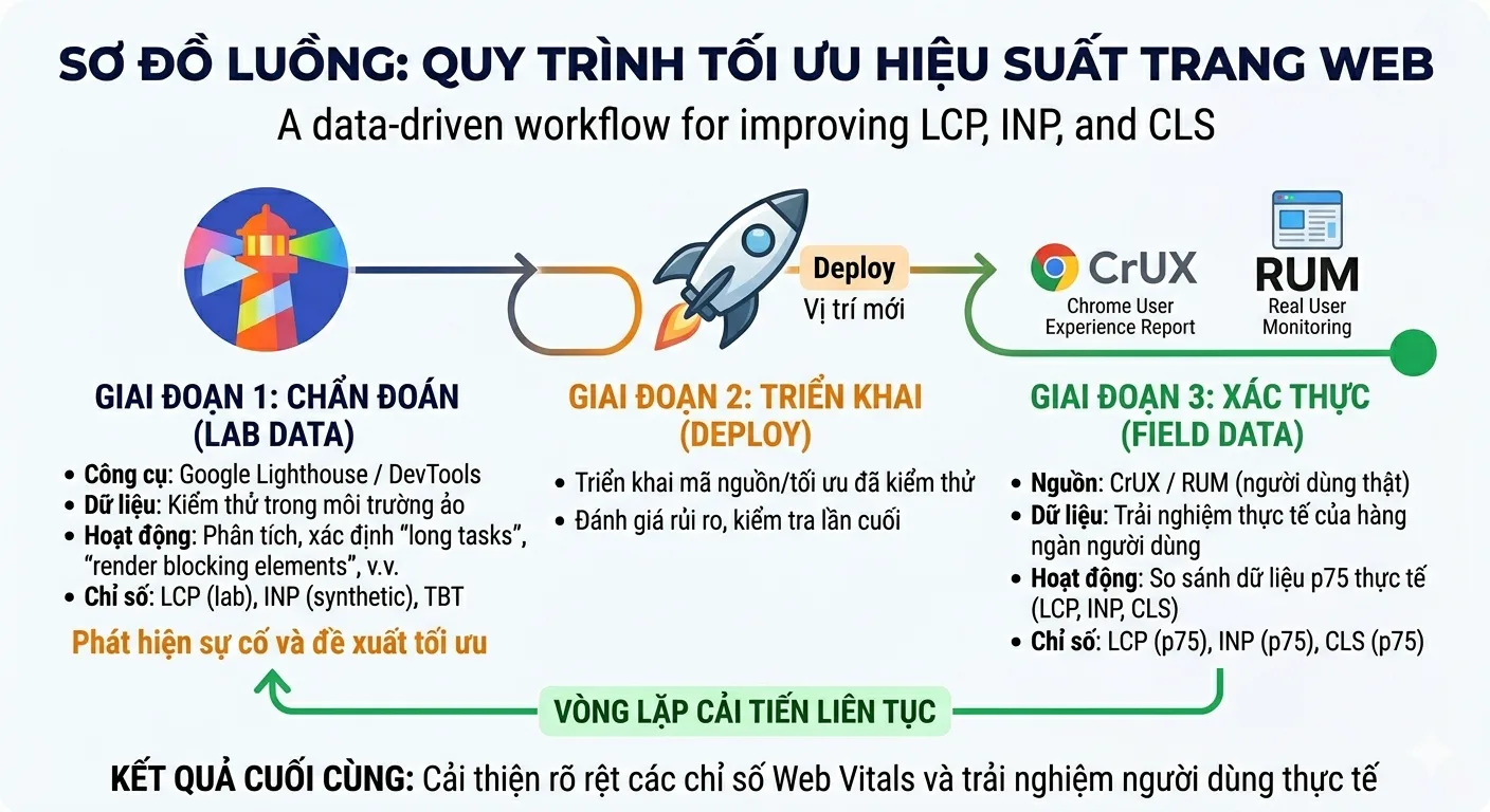 Sơ đồ 3 chỉ số cốt lõi của Google Core Web Vitals gồm LCP đo tốc độ tải, INP đo độ phản hồi và CLS đo độ ổn định bố cục