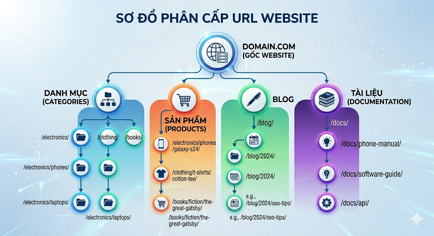 Sơ đồ mẫu phân cấp URL cho blog, danh mục, sản phẩm và tài liệu