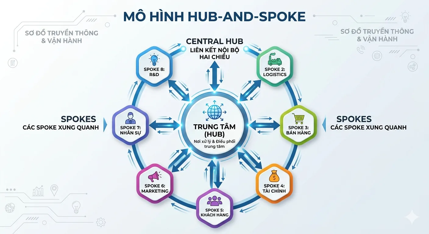 Sơ đồ cấu trúc Content Hub gồm trang trụ cột trung tâm và mạng lưới bài vệ tinh liên kết hai chiều