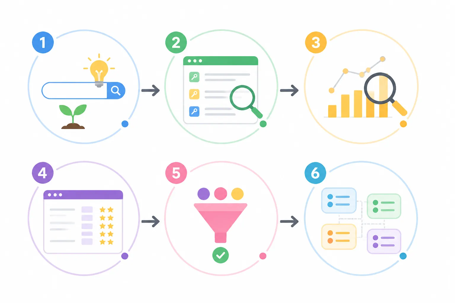 Sơ đồ quy trình 6 bước nghiên cứu từ khóa, từ seed keyword đến chọn và gom cụm