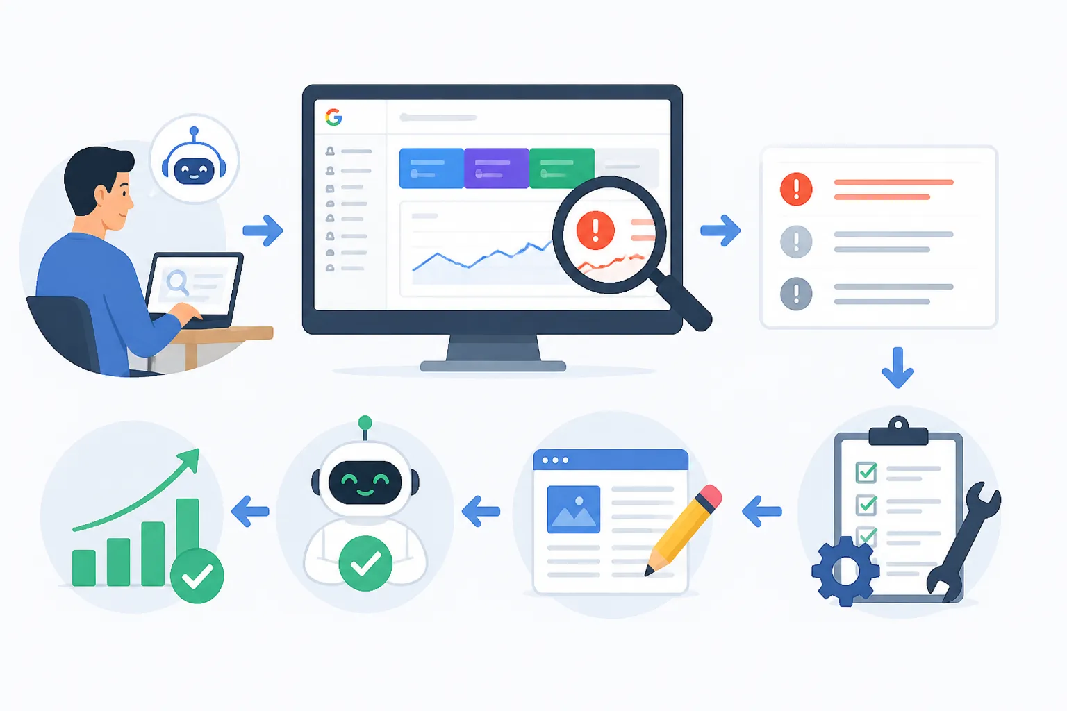 Sơ đồ quy trình kiểm tra và khắc phục lỗi index nội dung AI trên Google Search Console