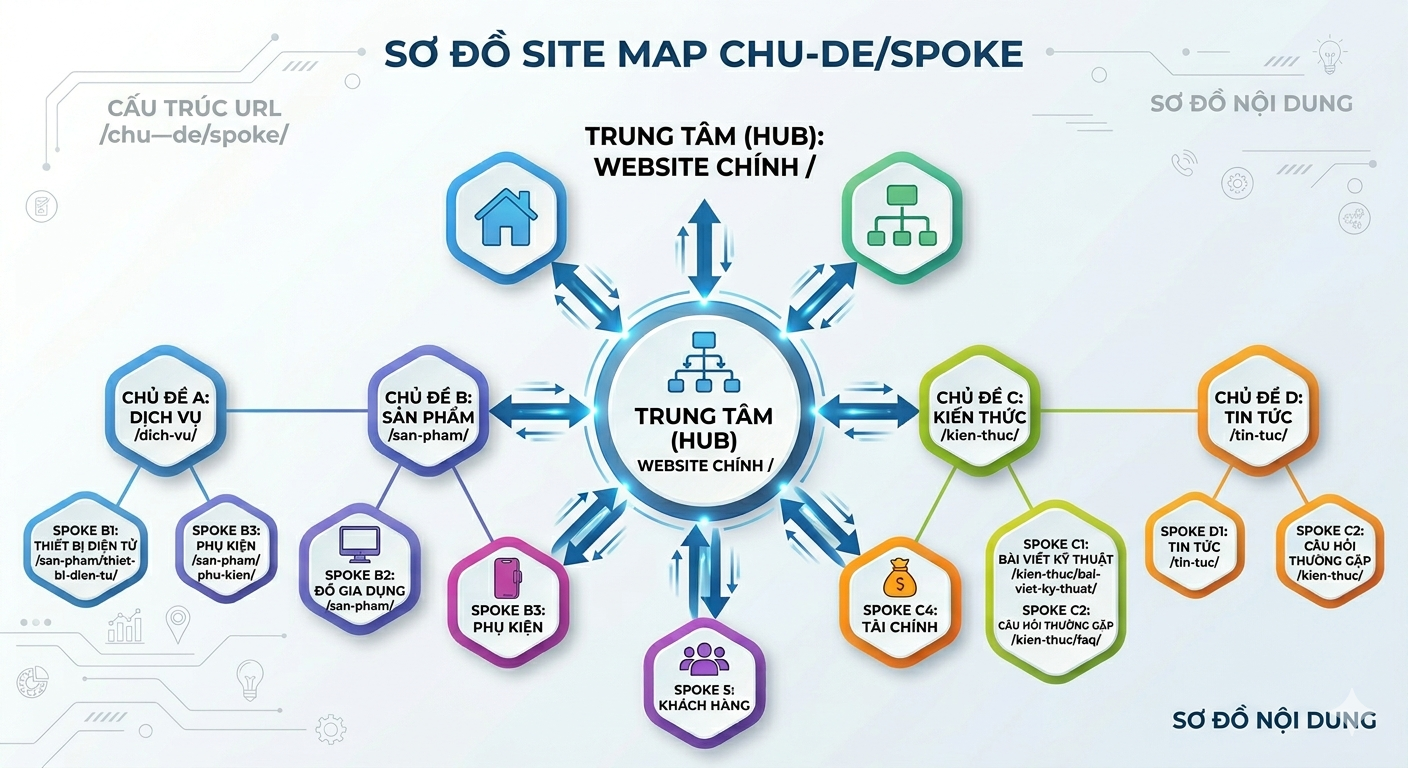Sơ đồ site map với hub ở mức 1, các spoke ở mức 2 theo cấu trúc /chu-de/spoke