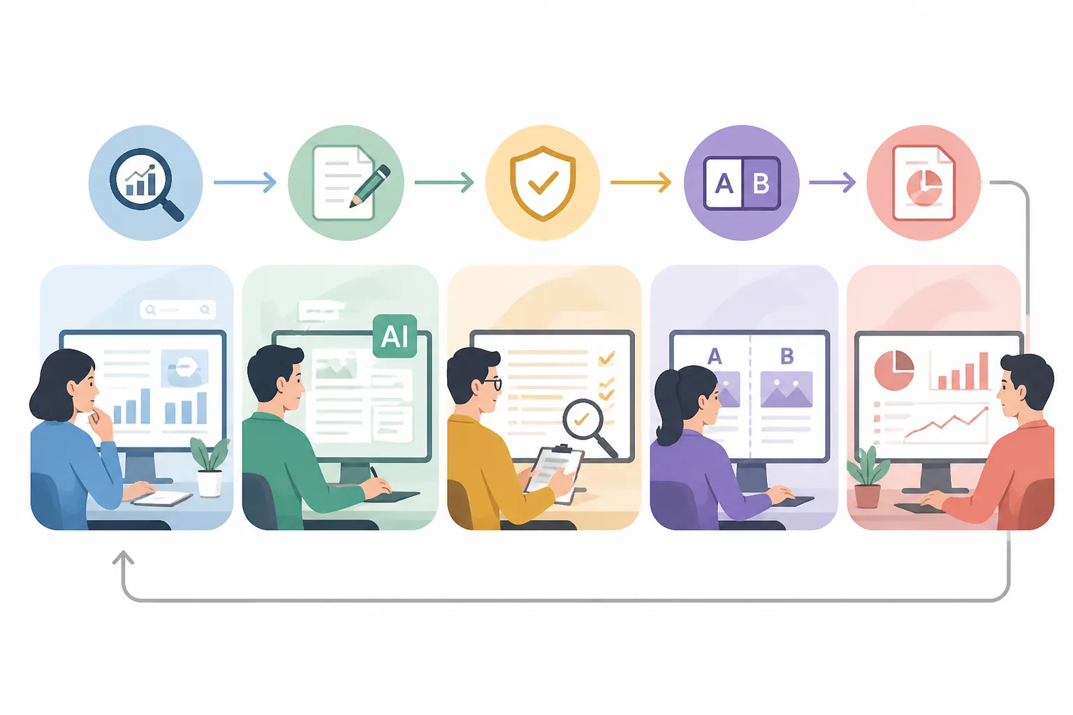 Ảnh minh họa cán cân giữa bài viết do AI tạo và biểu đồ thứ hạng tìm kiếm trên Google