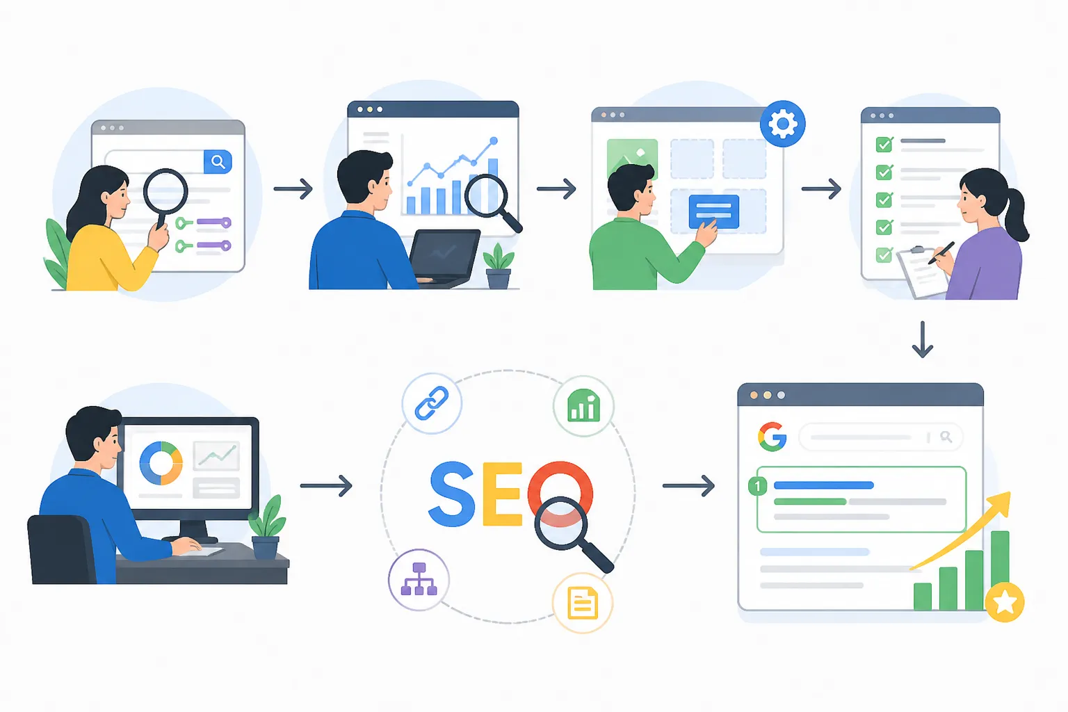 Sơ đồ tổng quan khái niệm SEO và 4 trụ cột gồm Technical SEO, Onpage SEO, Content SEO và Offpage SEO