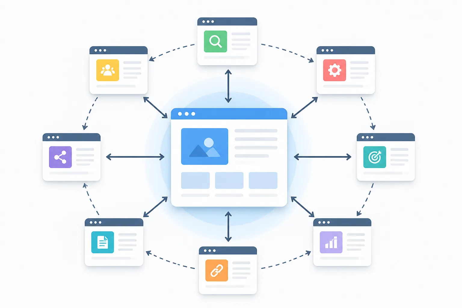 Sơ đồ topic cluster với pillar page ở trung tâm và các cluster vệ tinh liên kết hai chiều