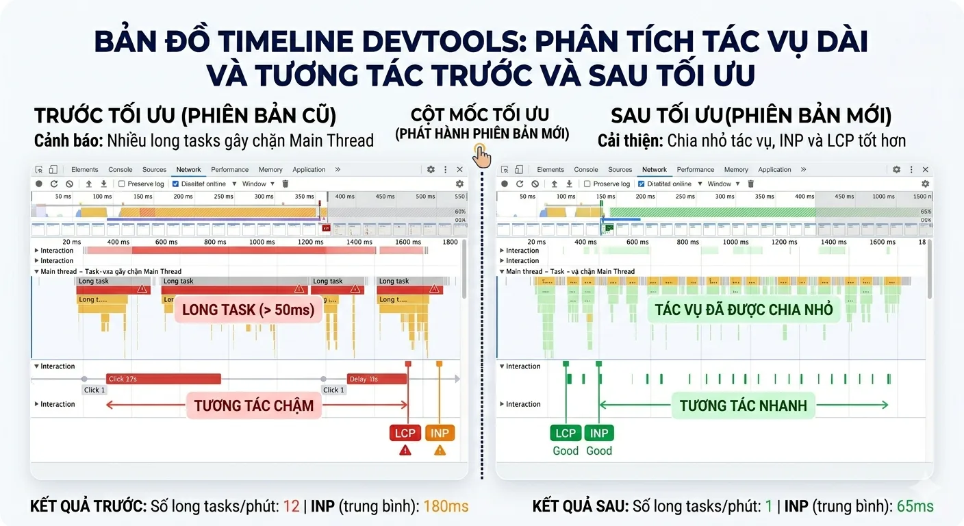 Biểu đồ so sánh điểm số hiệu năng trước và sau khi thực thi các giải pháp tối ưu kỹ thuật