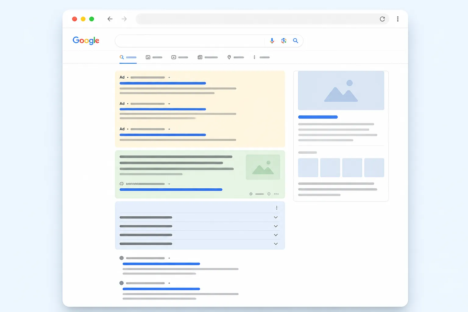 Trang kết quả tìm kiếm Google với các khối organic, quảng cáo, featured snippet và People Also Ask