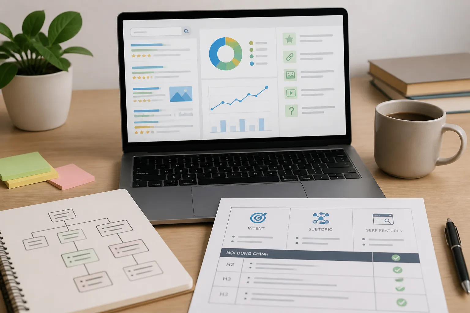 Ví dụ content brief/dàn ý thể hiện intent, subtopic bắt buộc, SERP features mục tiêu