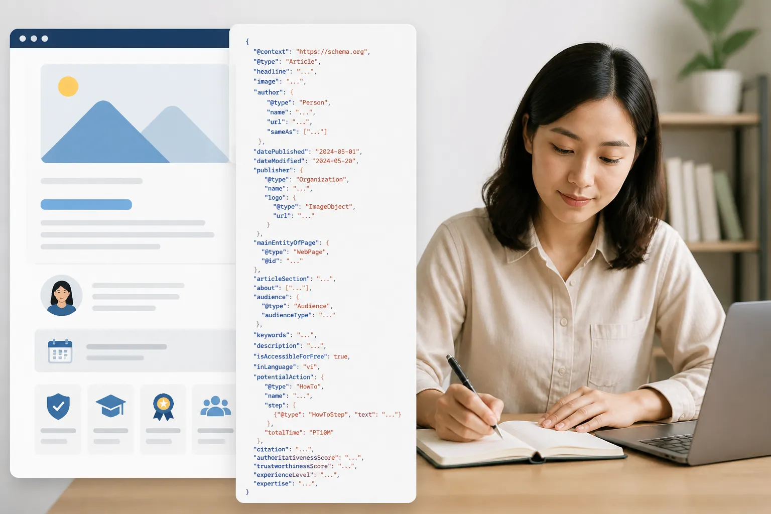 Cấu trúc Schema Article và HowTo giúp xác thực độ uy tín EEAT cho bài viết AI