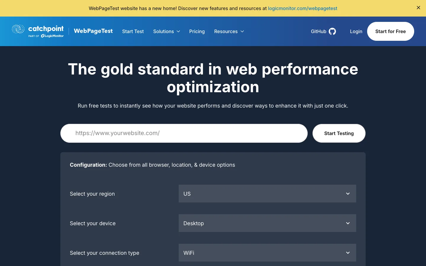 Trang chủ WebPageTest với phần chọn vùng test, thiết bị và kiểu kết nối