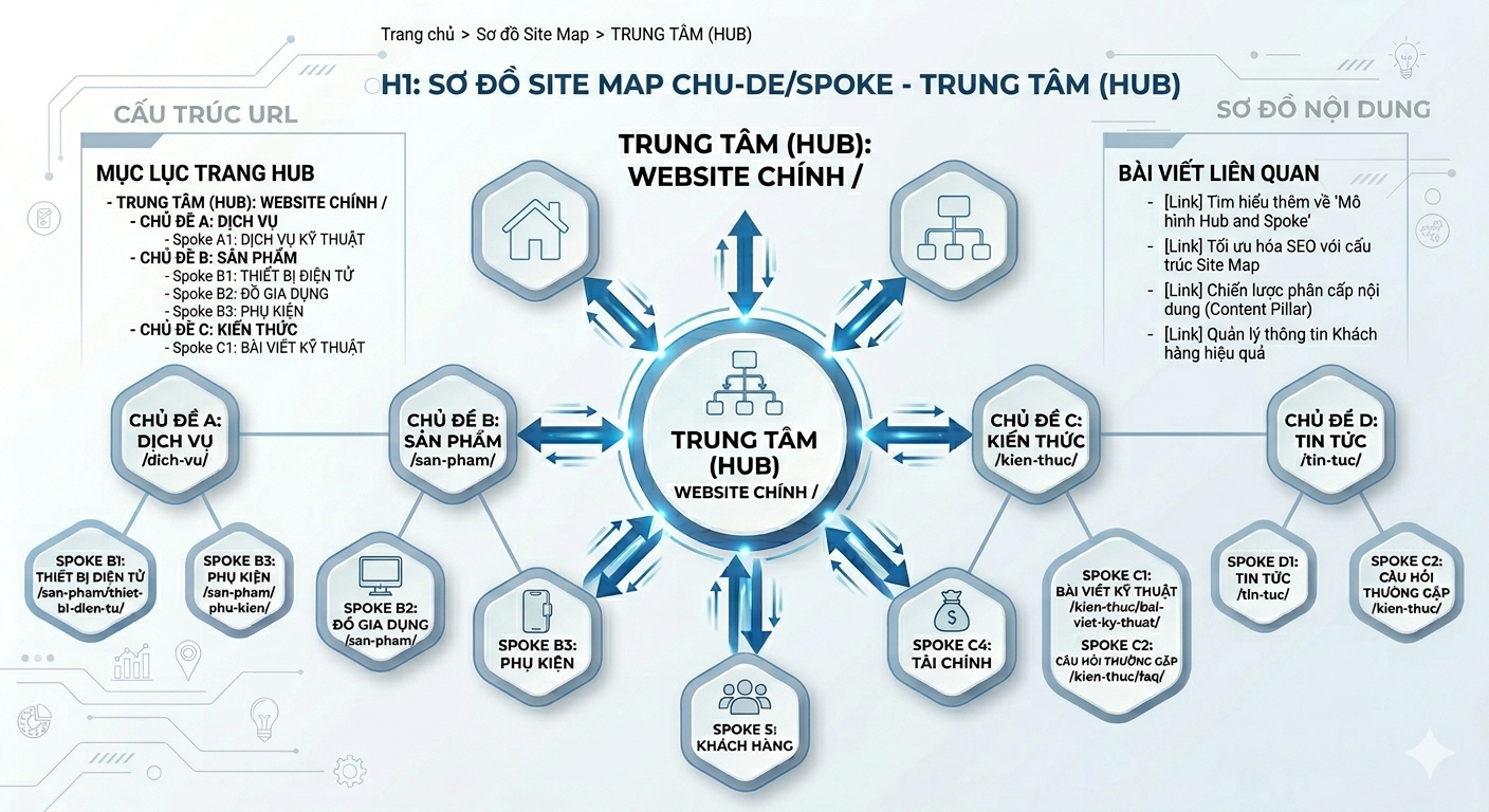 Wireframe trang hub hiển thị H1, mục lục bên trái, nội dung trung tâm, module bài liên quan bên phải, breadcrumb trên cùng