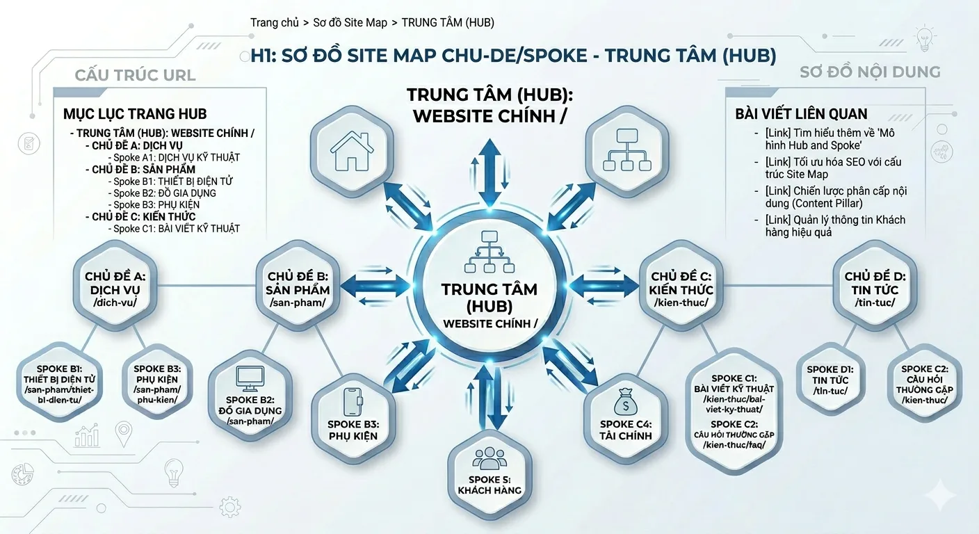 Bản vẽ khung giao diện trang trụ cột với mục lục điều hướng và khối bài viết liên quan